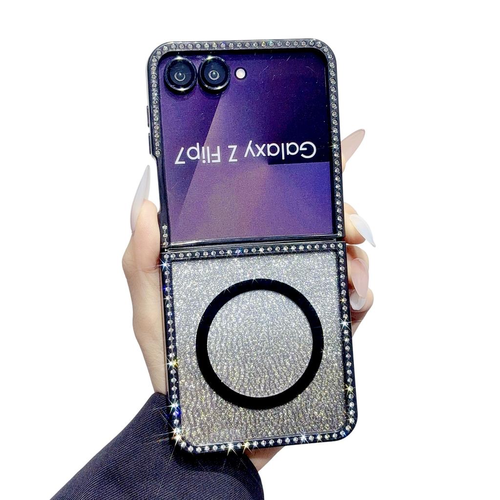 Fashion Glitter Inlaid Diamond Magnetic Phone Case for Samsung Z Flip 7 EF 6 5 4 3 Crystal Lanyard Shockproof Portable Cover