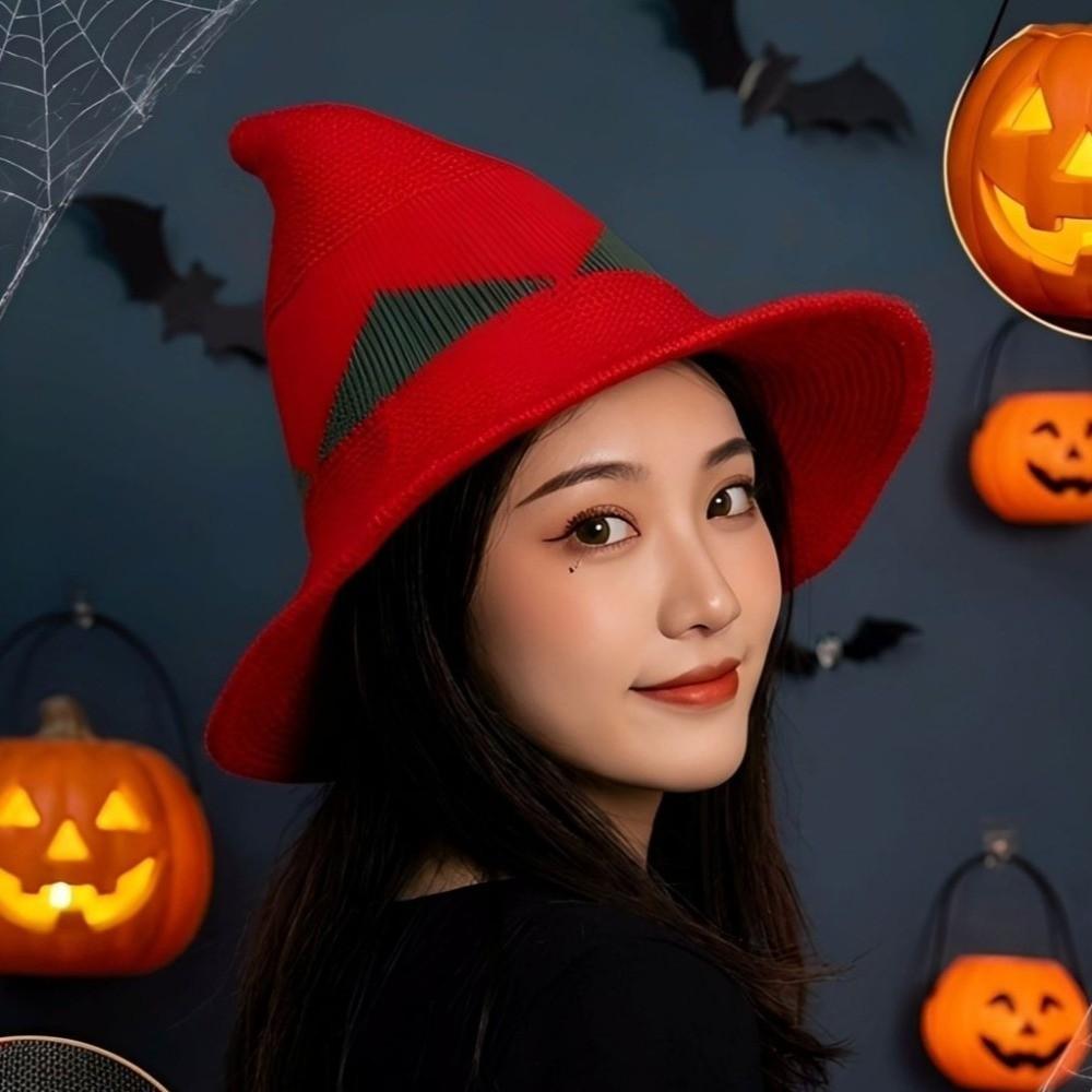 Color Blocked Witch Hat Spire Halloween Hat Knitted Wizard Cap Photography Prop