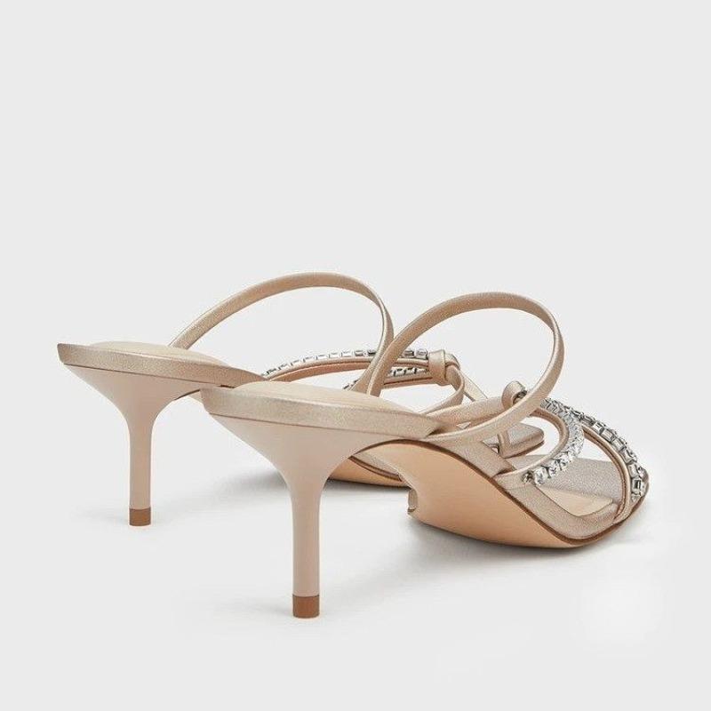 Fine Slippers Temperament Square Head Open Toe Crystal Buckle Set Foot Anti-slip Wear-resistant High Heels