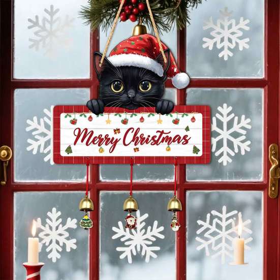 Santa Claus Wall Ornament Merry Christmas Wooden Door Hanging Sign with Bells, Rustic Snowman Black Cat Xmas Window Hanger Tree Reindeer Decorative