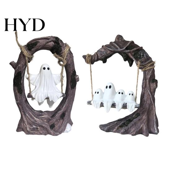 Handmade Resin Ghost Statue On Tree Swing Halloween Decor, Spooky Figurine with Vintage Detailed Sculpture for Office Base, Festive Party Tabletop