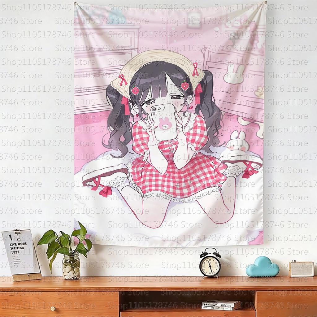 Cute Girl Pink Japanesestyle Girl Tapestry Wall Hanging for Indoor Decoration Lolita Girl Style Pink Doublesided Best Friend