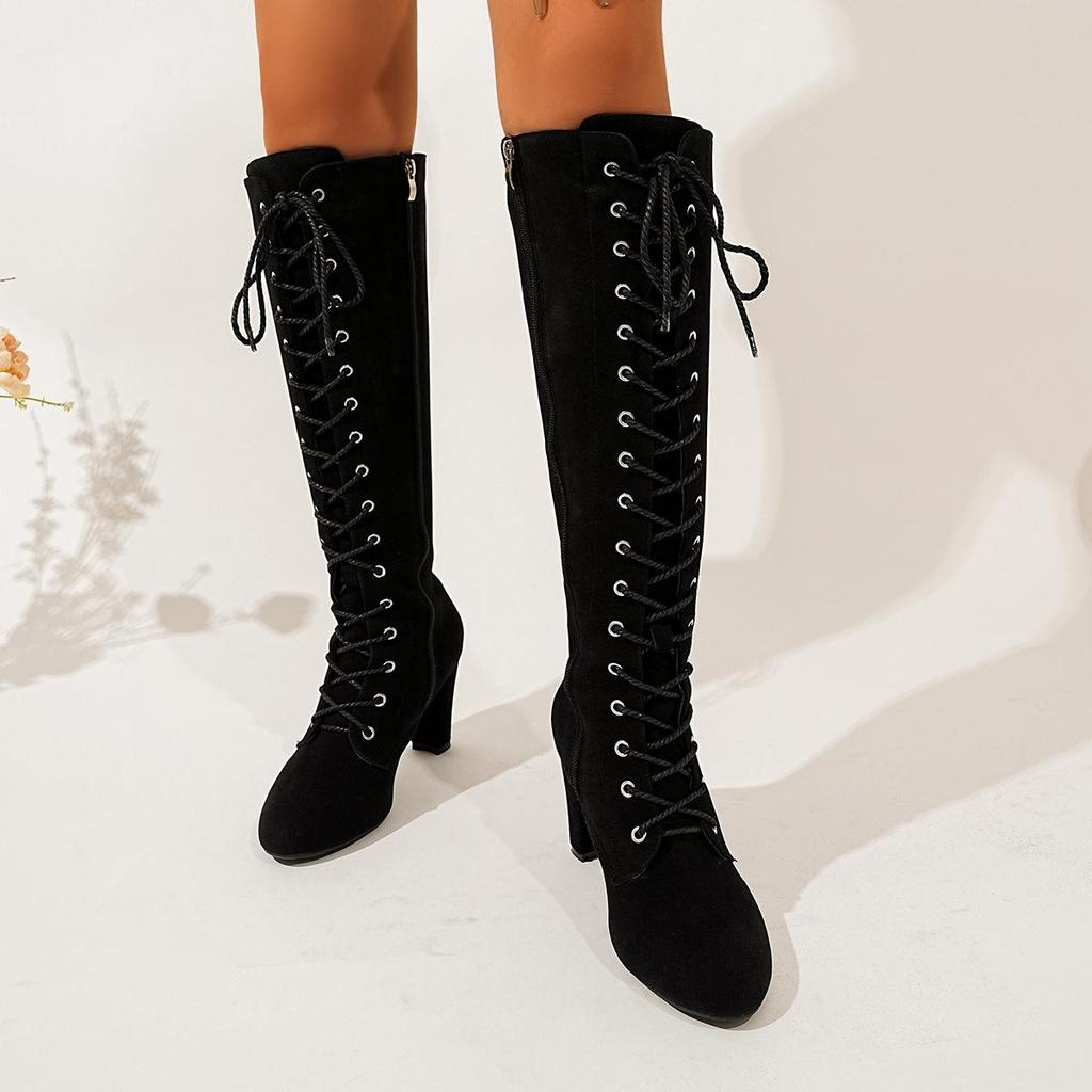 Plus Size Chunky Heel Suede Over-the-Knee Boots with Side Zipper - Retro High Heel Winter Fashion for Women.