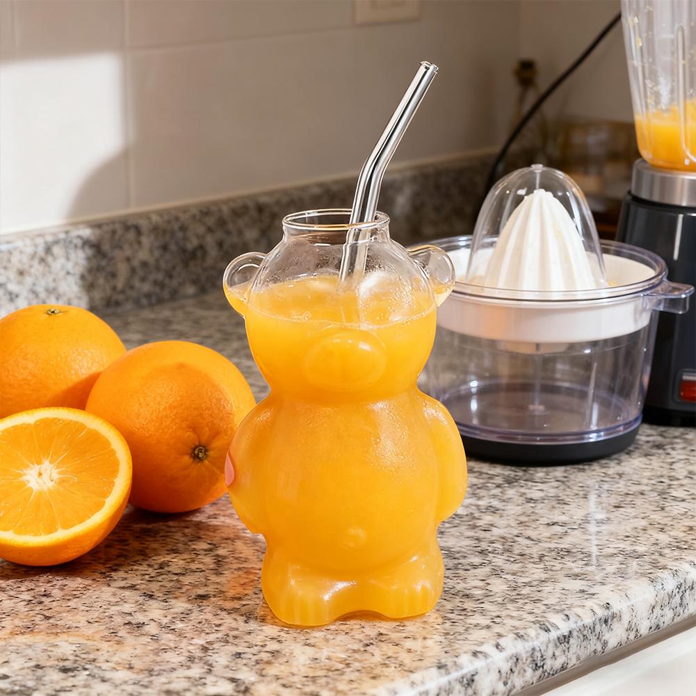 2-Pack 320ml High Borosilicate Glass Bear Shaped Straw Cup Cute Cartoon Beverage Cups for Coffee Juice Milk Tea