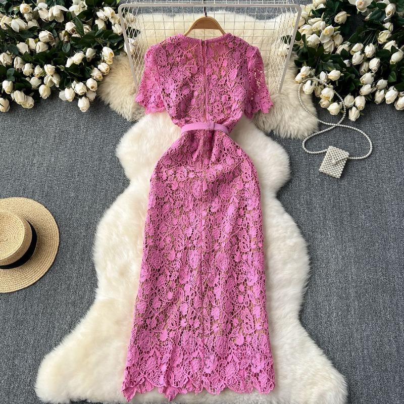 Ladies Temperament Square Neck Metal Button Slim Short Sleeve Lace Long Dresses