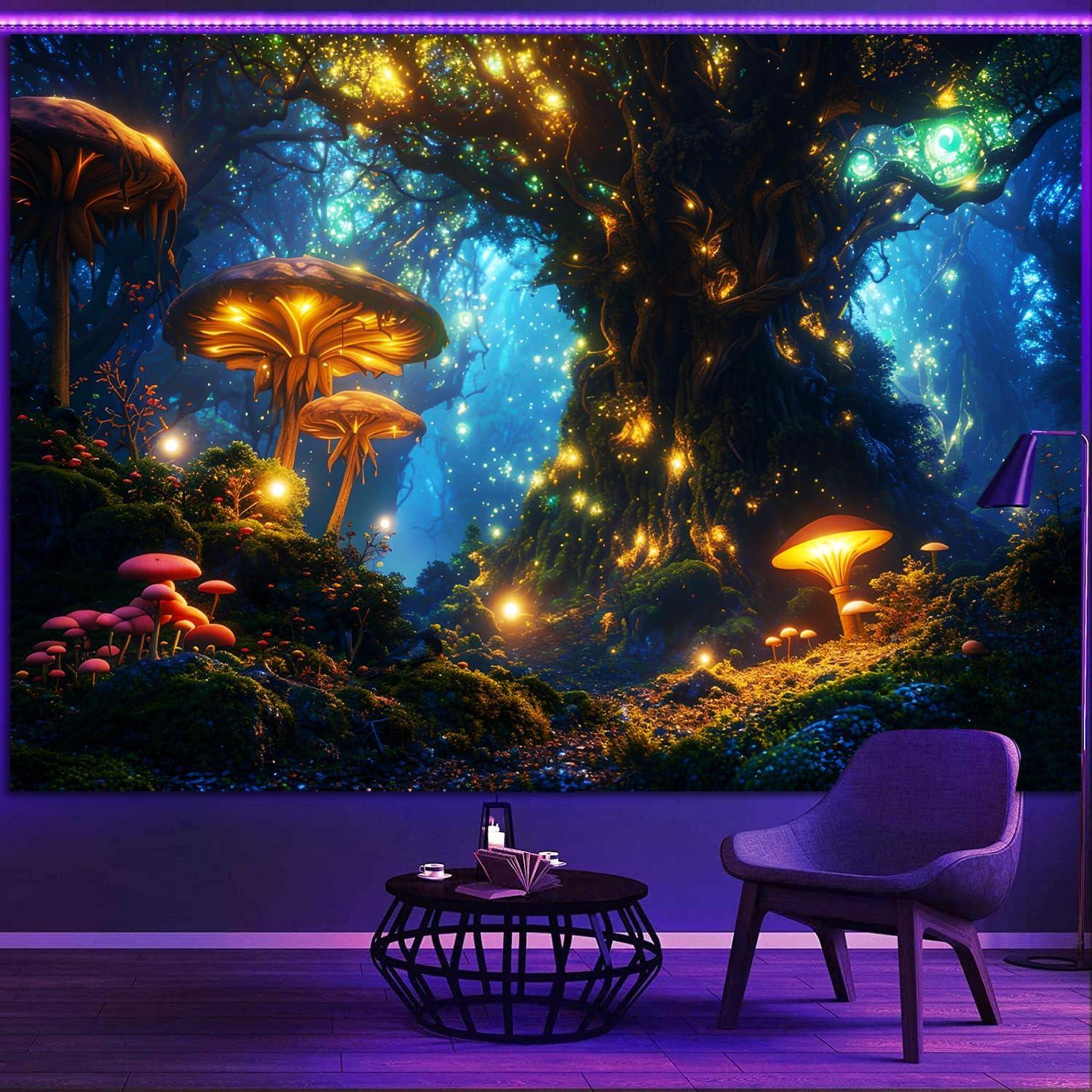 Tapestry sparkling fantasy mushroom dark night neon 75x100