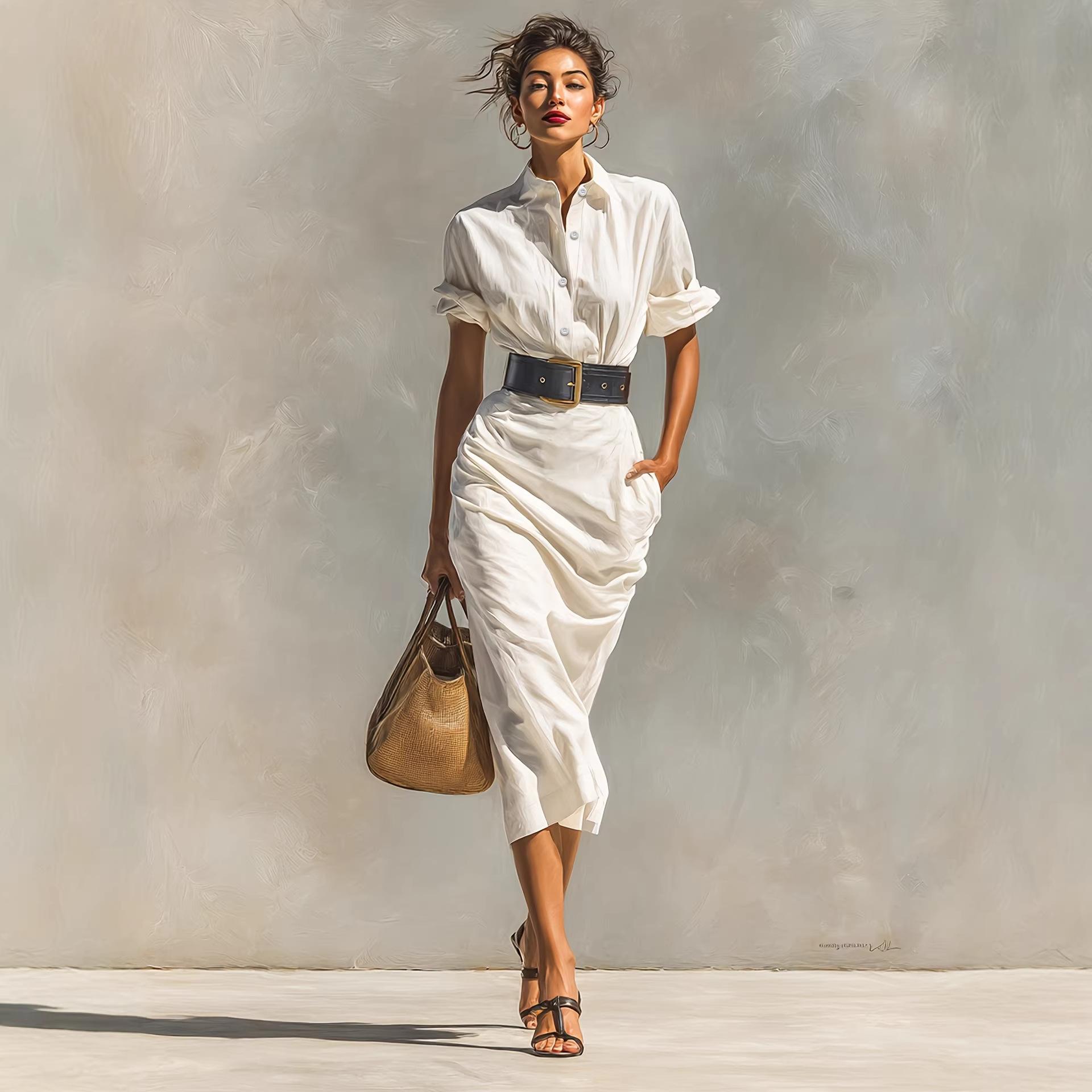 European and American women s clothing new elegant temperament solid color waist pleated shirt long professional dress european and american size m