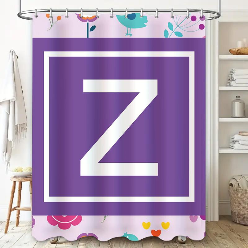 Modern Design Purple Floral Shower Curtain With Letter Z For Bathroom Decor Printed Fabric Waterproof Washable Home Decoration (