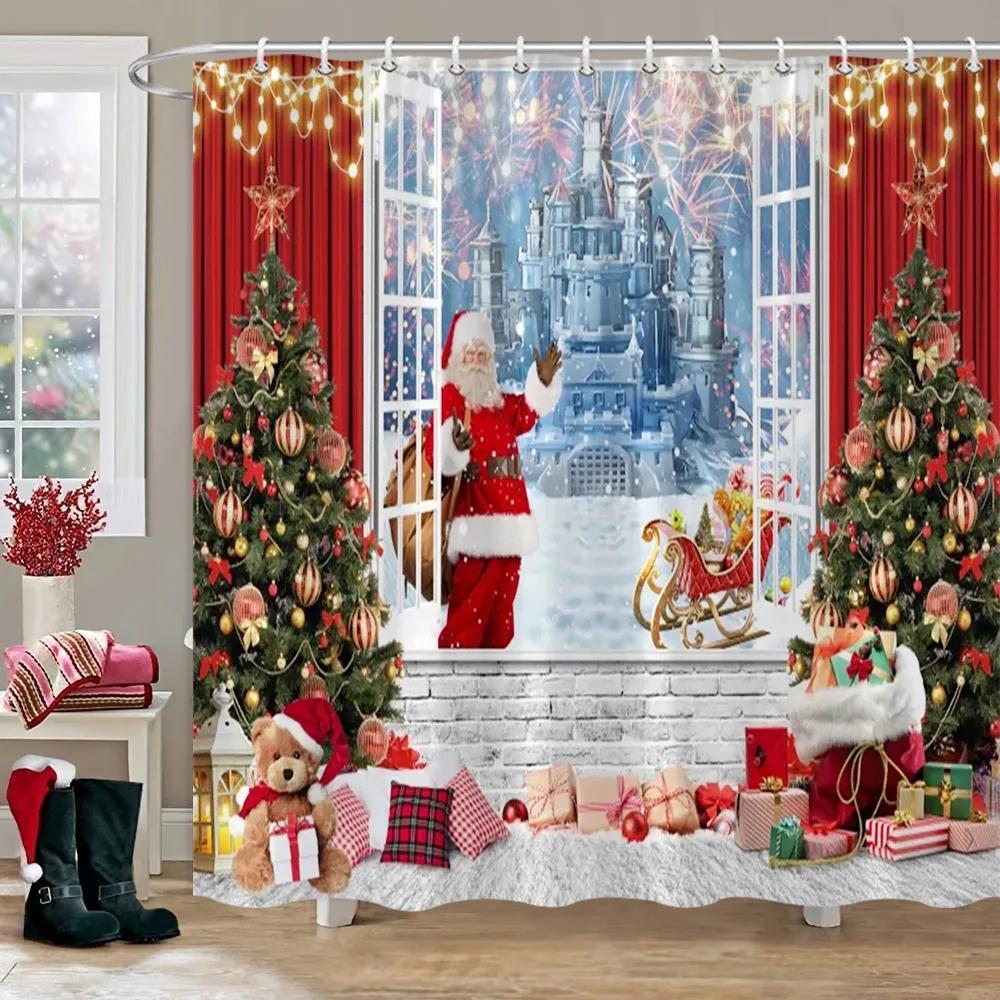 

Christmas Party Shower Curtains Fireplace Christmas Tree and Gifts Snowman Snow Scene Washable Shower Curtain Art Bathroom Decor 35x70in-90x180cm
