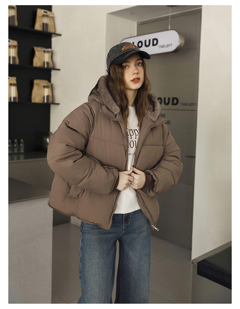 Short Cotton-padded Jacket With Imitation Mink Fur Hood