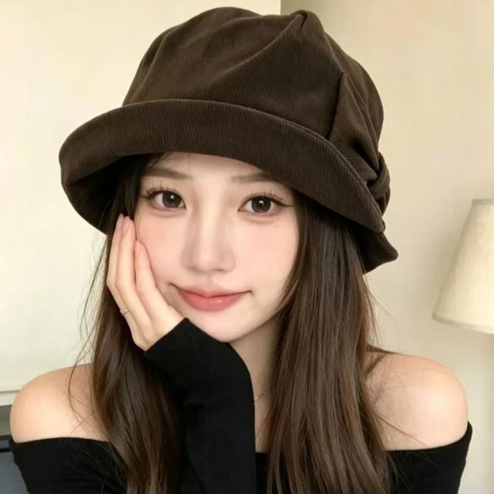 Bowknot Fisherman Cap Small Brim Basin Cap Elegant Corduroy Bucket Hat Casual