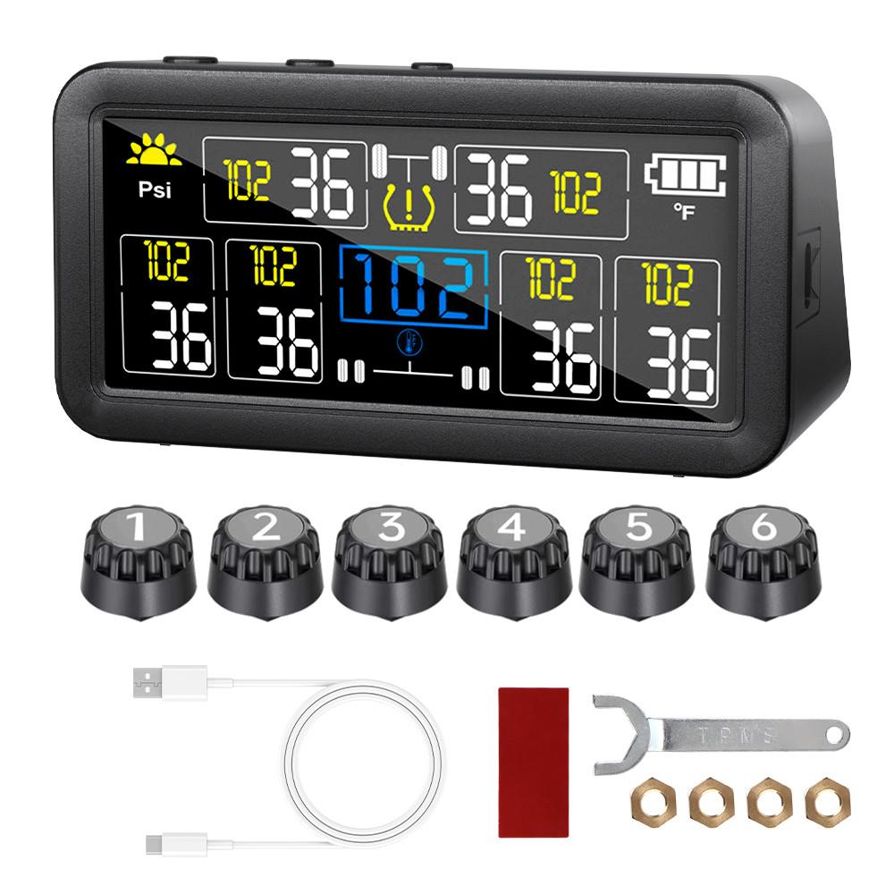 

Солнечный автомобильный TPMS 6 колес Монитор давления в шинах 4-дюймовый ЖК-дисплей USB-зарядка