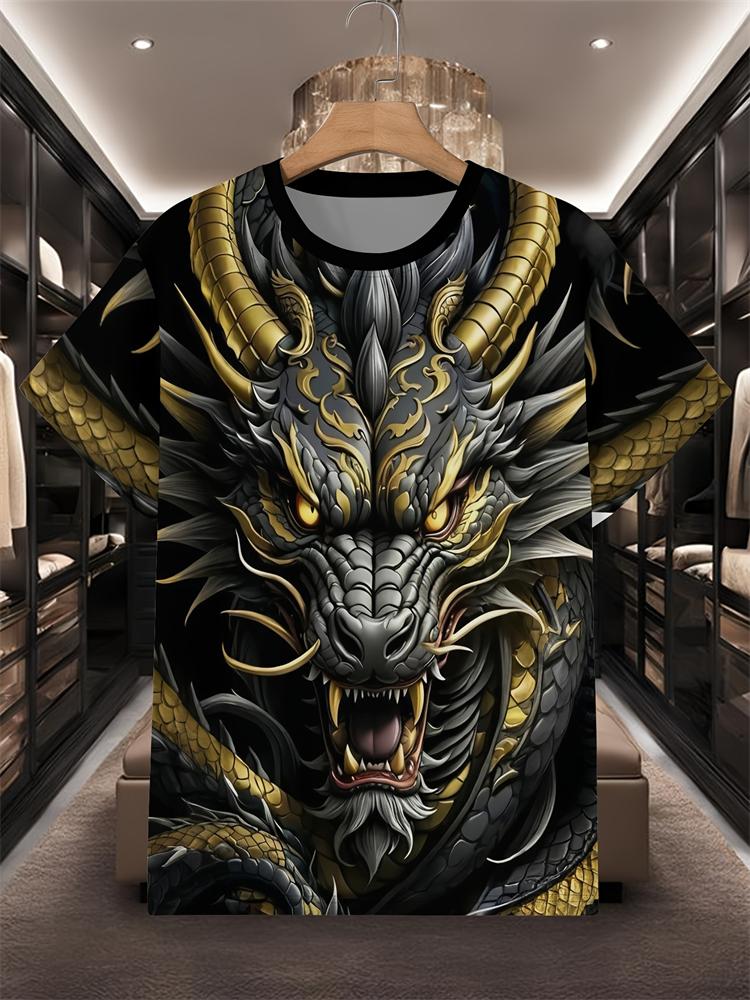 2026 New Men's 3D Dragon Print T-shirt Casual Short-sleeved Pullover Polyester Round-neck Summer Outdoor Clothing Adult Size
