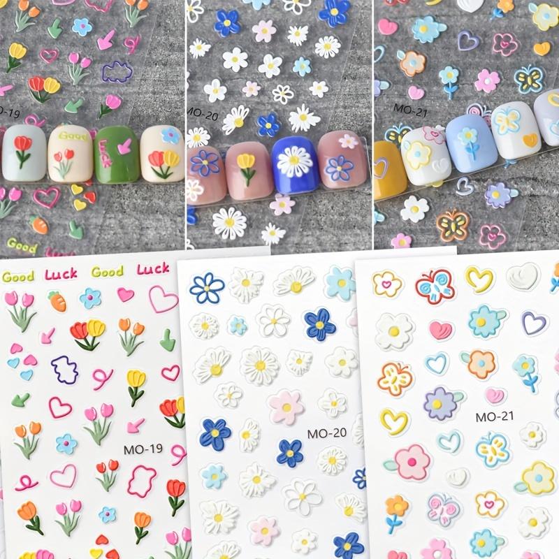 1pc 3D Embossed Flower Nail Art Stickers - Cartoon Cute Self-Adhesive Glossy Nail Decals with Vibrant Floral Designs, Hearts & Stars for DIY Manicure