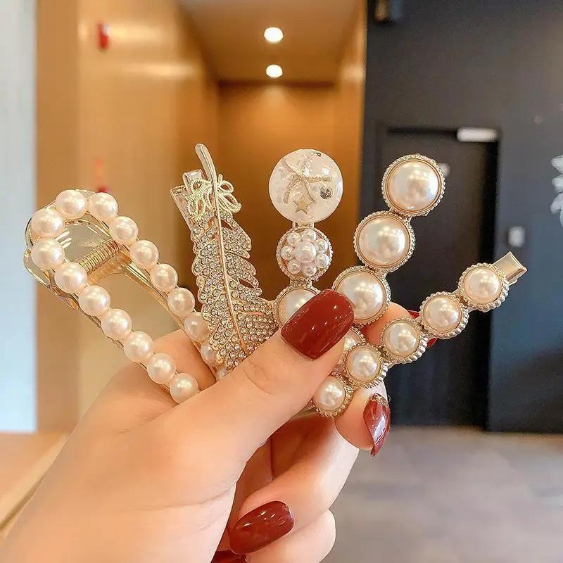 6pcs Delicate Rhinestone Feather Hair Clips Ladies Elegant Faux Pearl Hairpins Costume for Party Banquet Makeup Accessories