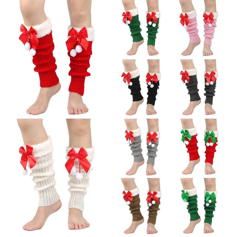 Fashionable Knitted Leg Warmers for Women Winter Fleece Trim Boot Covers Footless Socks with Christmas Plush Balls Bows  Green Green Fur Ball