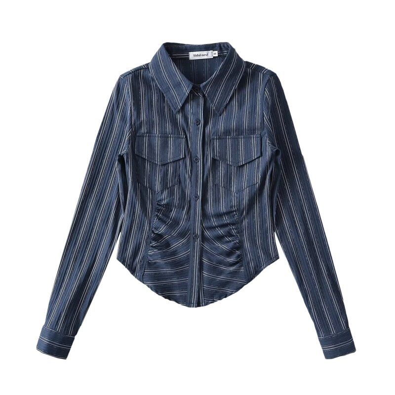 

Fashion Style 2023 Spring New Arrival Women s Elegant Slimming Sense of Design Slim-Fit Short Long Sleeve Versatile Pocket Shirt Navy S