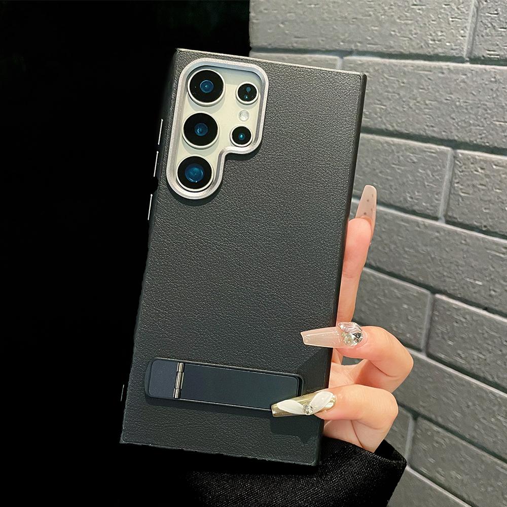 

Natural Titanium metal holder leather phone case for Samsung Galaxy S24 S23 S22 Ultra Plus metal button shockproof hard cover For Galaxy S24