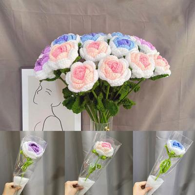 1PC Hand-woven Wedding Decoration Knit Flower Creative Knitting Bouquet Home Table Decorate Rose Tulips Fake Flowers Bouquet