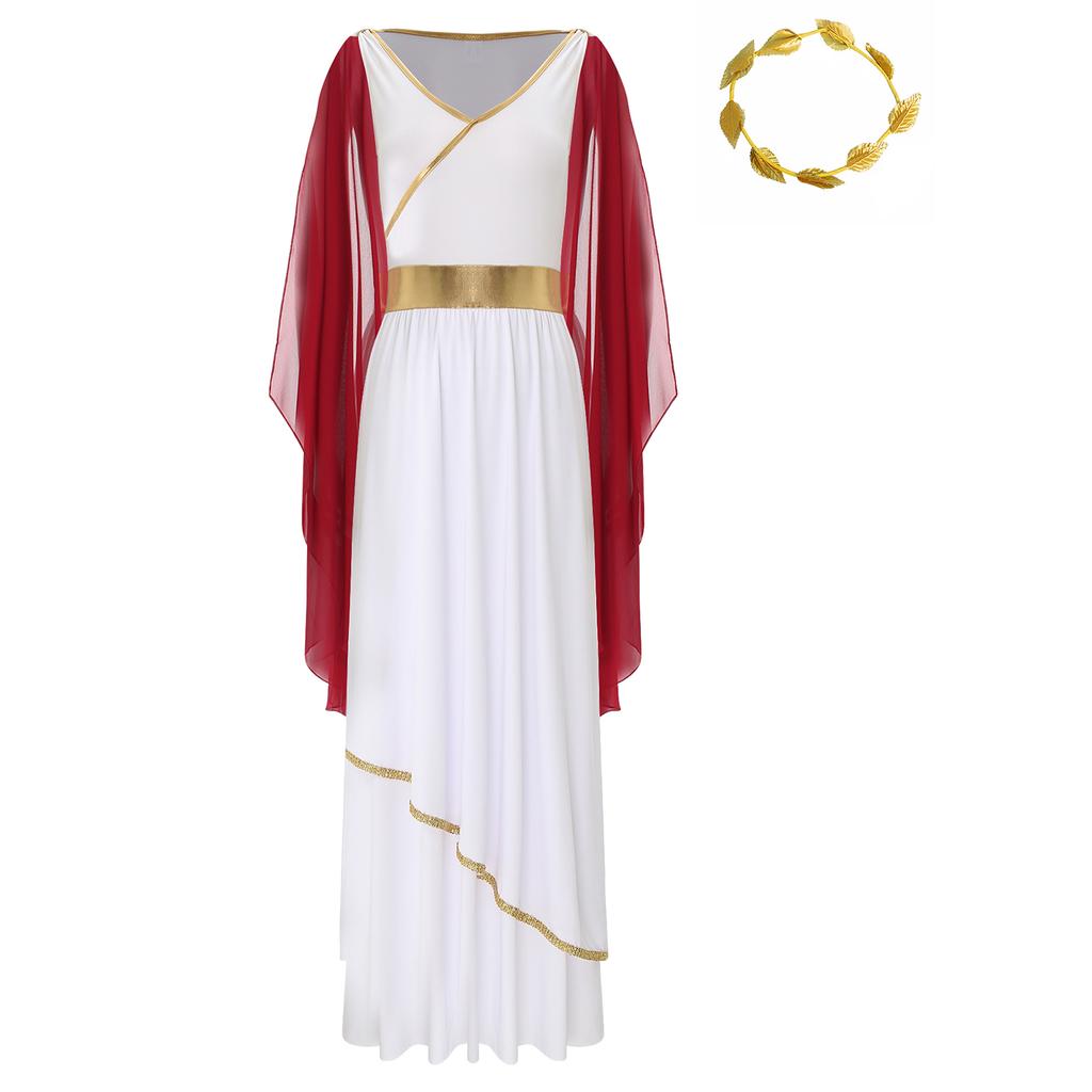 Womens Ancient Greek Roman Queen Costume V Neck Sleeveless Gold Trim Toga Dress Artificial Leaf Garland Headwear