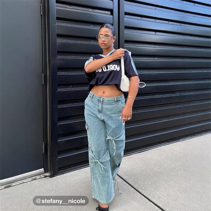 

American Hot Girl Collage Bow Jeans Women s Straight Pants Loose Trousers L синий