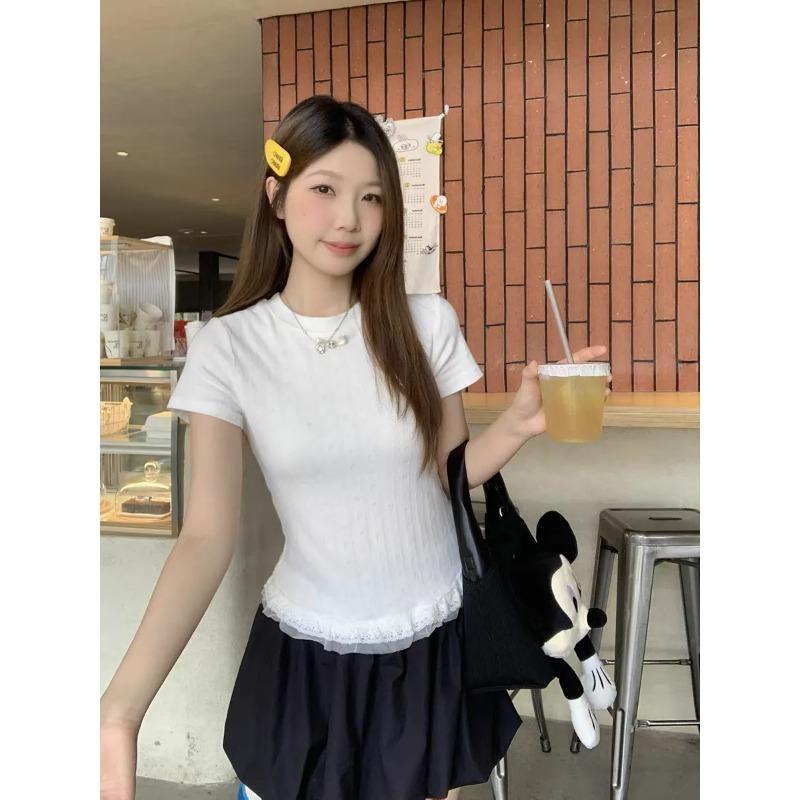 Style Lace Splicing Right Shoulder Short-sleeved T-shirt for Women Summer New Design Versatile Slim Slimming Top Trendy