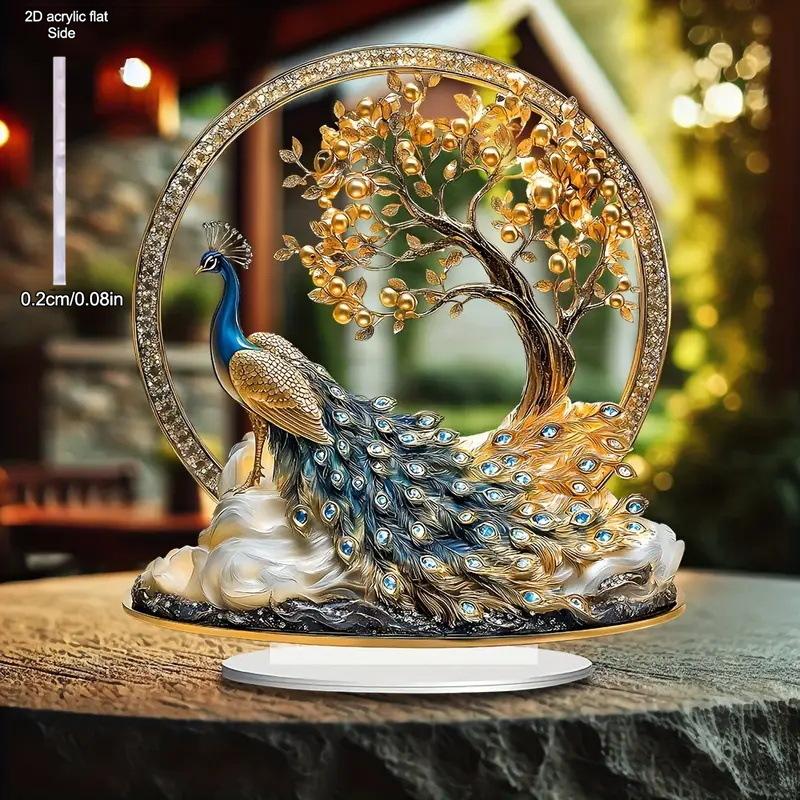 2D Flat Acrylic Peacock and Gold Tree Decoration, Indoor and Outdoor Decoration - No Battery/electricity Required, Free Day Decoration,