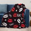 Valentine'S Day Kiss Print Flannel Throw Blanket - Red Lips & Hearts Design with XOXO Lettering, Soft Cozy All-Season & Red Cont