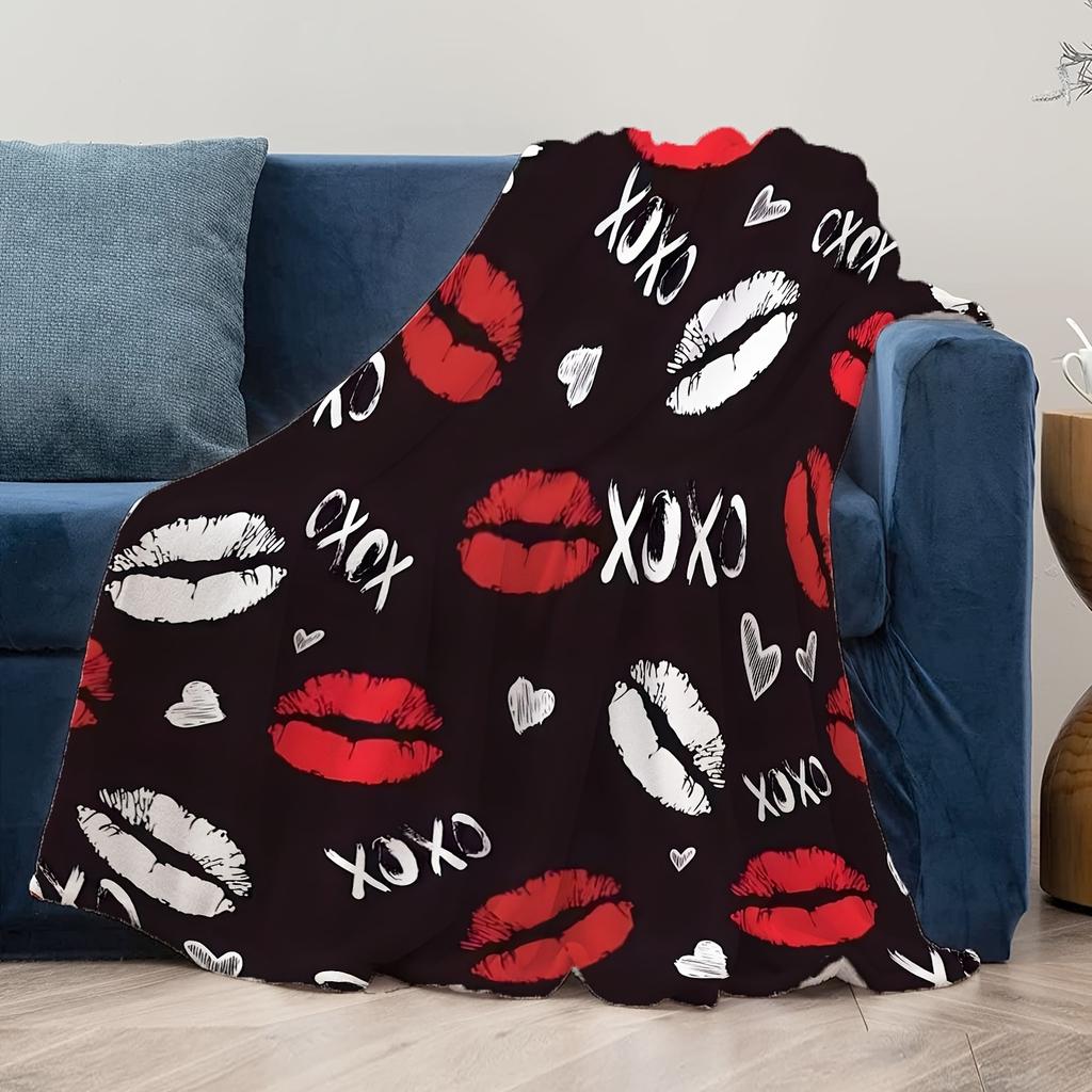 Valentine'S Day Kiss Print Flannel Throw Blanket - Red Lips & Hearts Design with XOXO Lettering, Soft Cozy All-Season & Red Cont