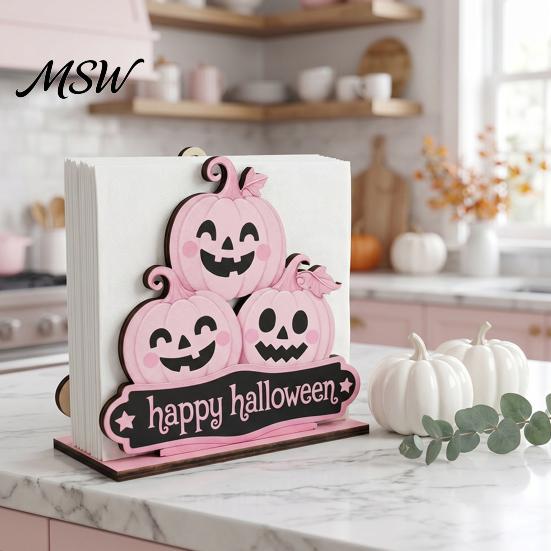 Festive Tissue Paper Organizer Halloween Wooden Napkin Holder, Cute Pastel Pumpkin Ghost Black Cat Tabletop Dispenser, Table Decor Waterproof
