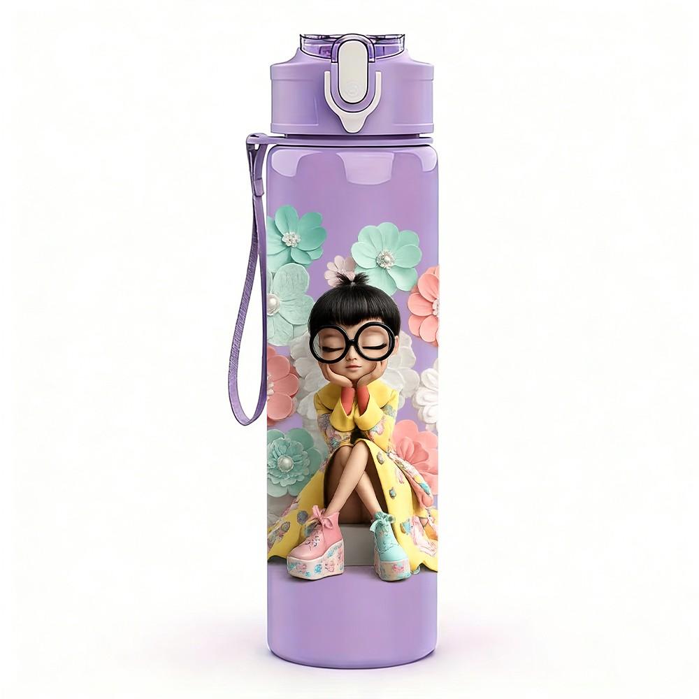 1PC Little Girl Prayer Floral Surround Print 750ml Color Plastic Sports Water Bottle Leakproof Flip Straw Lid Suitable for Sports Office Home Use