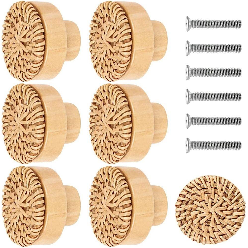 2Pcs Solid Wood Rattan Drawer Knobs Round Single Hole Cabinets Dresser Handles DIY Wooden Door Pulls