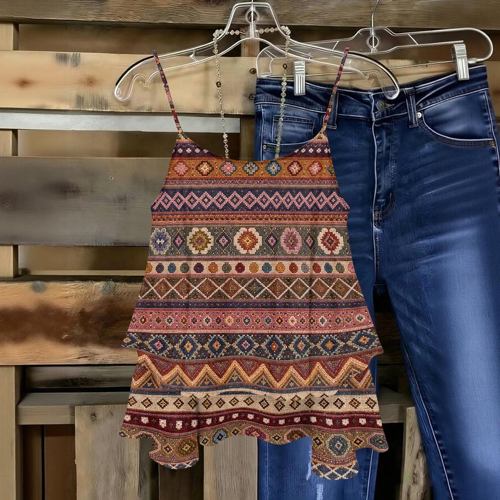Women Sleeveless Double Layer Camisole Top Geometric Print Spaghetti Strap Summer Blouse Casual Lightweight Tank