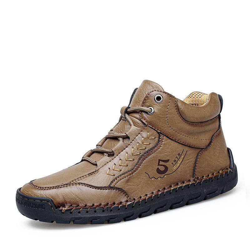 Large size men's hand-stitched shoes mid-top Martin boots casual flat-bottomed foot-fitting lazy shoes men's driving shoes