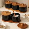 Japanese Vintage Seasoning Jar Three-piece Kitchen Salt MSG Storage Jar Ceramic Household Chili Tank with Spoon Kitchen Utensils