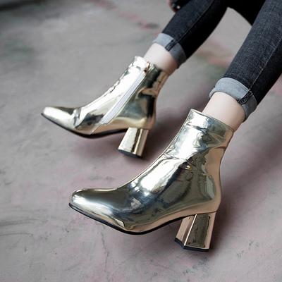 Frauen Goldene Metallic Lackleder Stiefel Chunky High-Heels Silber Booties Zipper Herbst Winter Schuhe Frau