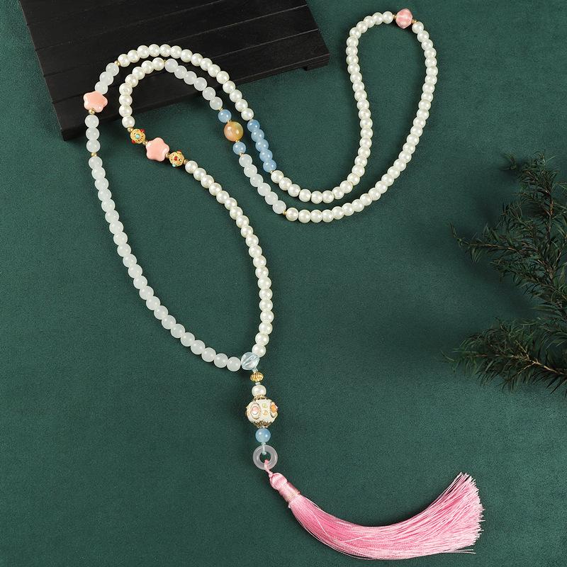 Glazed Beaded Messenger Chain High-end Long Green Sandalwood Fringed Necklace Sweater Chain Accessories Women