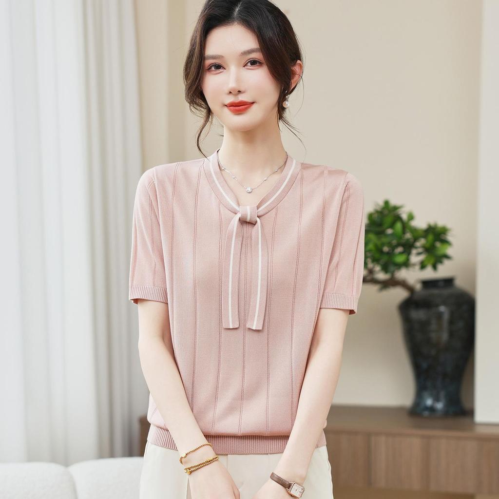 Ice Silk V-Neck Knitted Top - Women's Plus Size Summer 2026 Arrival, Elegant Streamer Design, Age-Reducing, High-End Feel