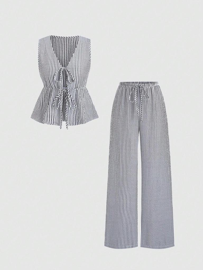 Ensemble décontracté d'été rayé avec gilet à lacets et pantalon ample