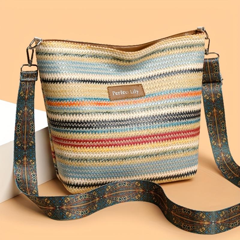 

Женская богемная плетеная сумка-тоут из соломы, легкая, вместительная, через плечо, для отпуска, пляжная сумка-шоппер, стильный полосатый узор разноцветный