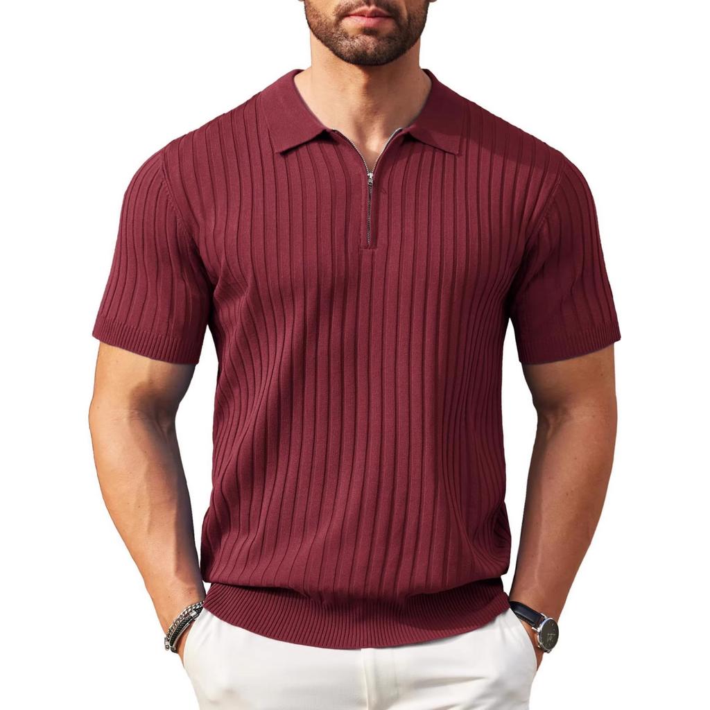 Men Short Sleeve Polo Shirt Knitted Ribbed Zip Collar Casual Modern Fit Lightweight Pullover Top for Everyday Wear