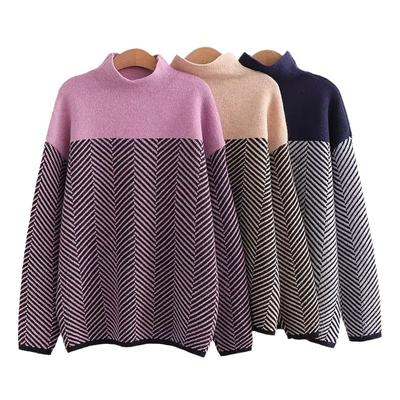 Vintage Color-blocked Semi-turtleneck Knit Loose and Lazy Design with Pullover Sweater