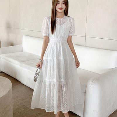 Sweet Hollow Round Neck White Embroidered Waist-Hugging Dress - Summer 2025
