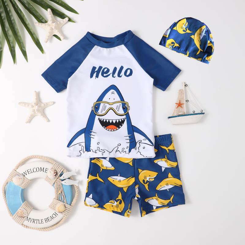 Boys' Short Sleeve Cartoon Shark Swimsuit Set for Big Kids