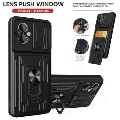 Window Push Camera Lens Phone Armor Case For OnePlus Nord 4 Nord CE4 3 Lite Magnetic Ring Slide Card Slot Stand Cover For One Plus 12R Ace3 Pro 10T 5G