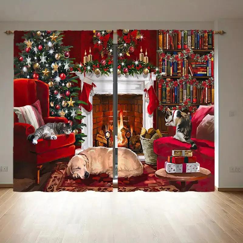 

Winter Snowflake Santa Claus Patterned Curtains Christmas Home Decoration Room Curtain Set Of 2 Made Polyester Washable W100*H70(CM)-Rod Pocket&1PCS