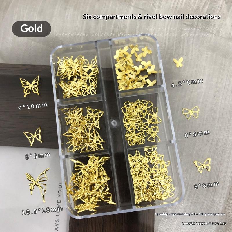

1Pcs 6 Grids Metal Bow Hollow Out Nail Art Charm Gold Silver 3D Nail Rivet Nail Decoration Parts Diy Manicure Accessories
