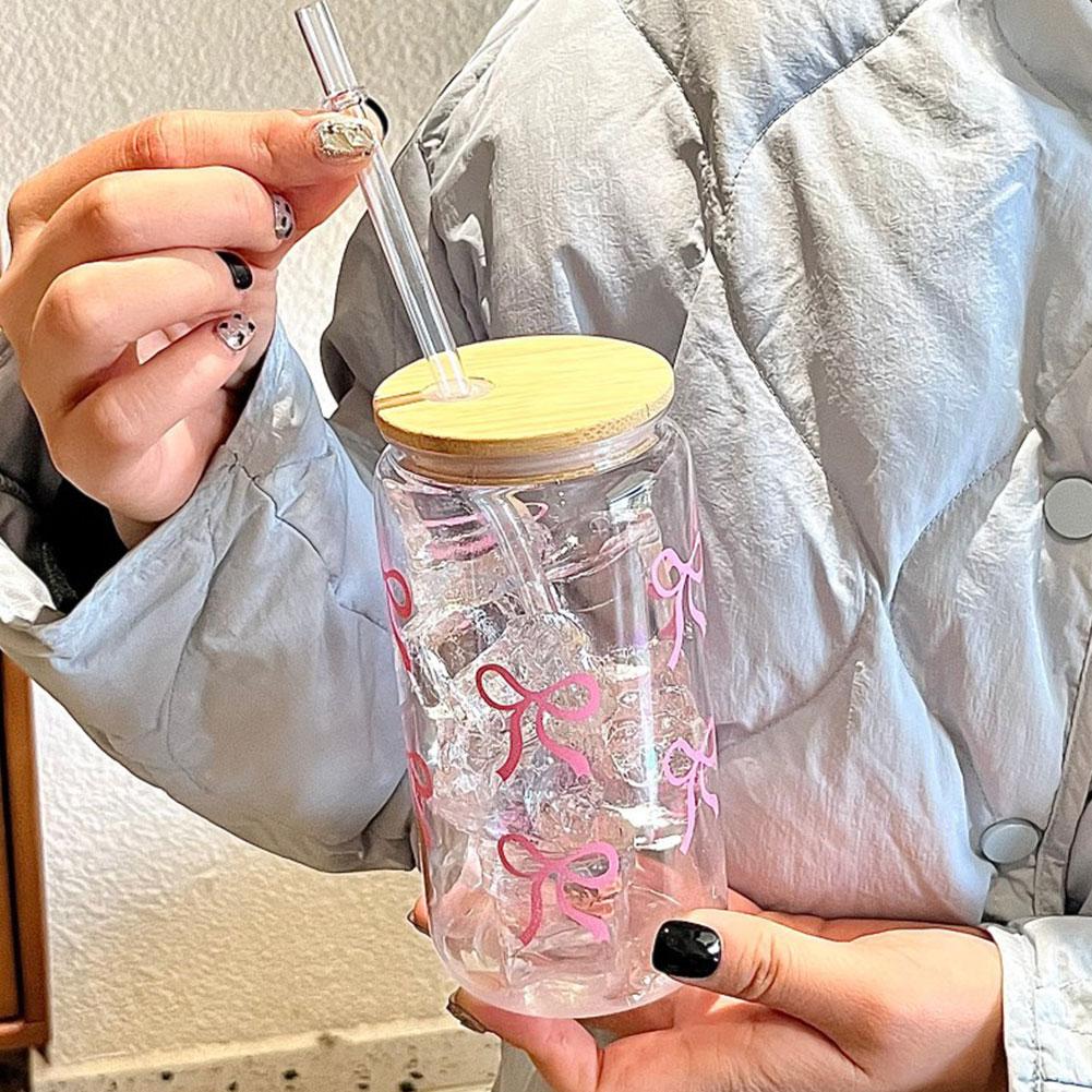 Transparent Glass Tumbler Pink Bow Flower Sticker Drink Juice Cup Suitable For Hot And Cold Drinks Bow Tie Plastic Straw Cup