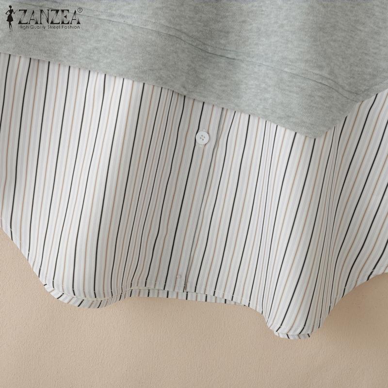 ZANZEA Women Stripe Splice Turn Down Collar Long Sleeve Thin Pullover Sweatshirt