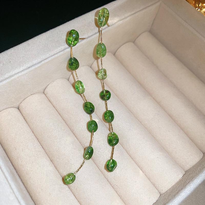 Emerald diamond leaf fringed earrings light luxury stud earrings women's European and American earrings